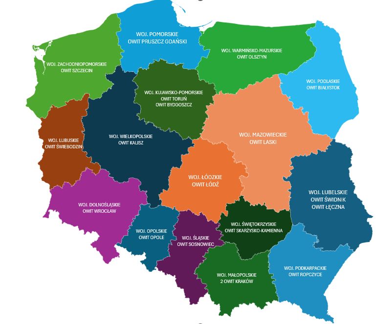 Mapa Polski z podanymi nazwami miejscowości z OWiT